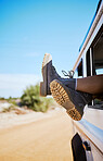 Shoes, window and and road trip in the countryside with person relax and traveling in nature. Travel, freedom and summer holiday with boots of traveller in Mexico, enjoy journey, drive and adventure