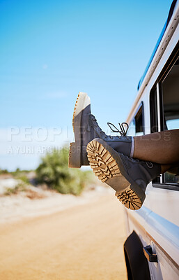 Buy stock photo Shoes, window and and road trip in the countryside with person relax and traveling in nature. Travel, freedom and summer holiday with boots of traveller in Mexico, enjoy journey, drive and adventure