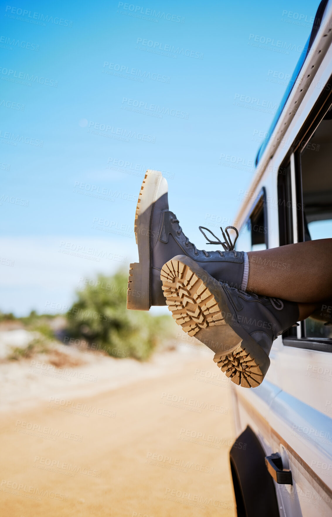 Buy stock photo Shoes, window and and road trip in the countryside with person relax and traveling in nature. Travel, freedom and summer holiday with boots of traveller in Mexico, enjoy journey, drive and adventure