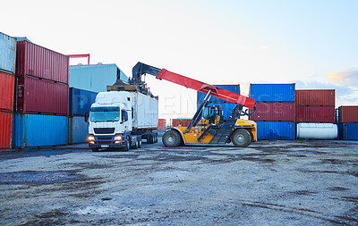 Buy stock photo Logistics, shipping and container with truck and forklift in cargo warehouse for supply chain, delivery and export industry. Economy, ecommerce and global in factory port with transportation 