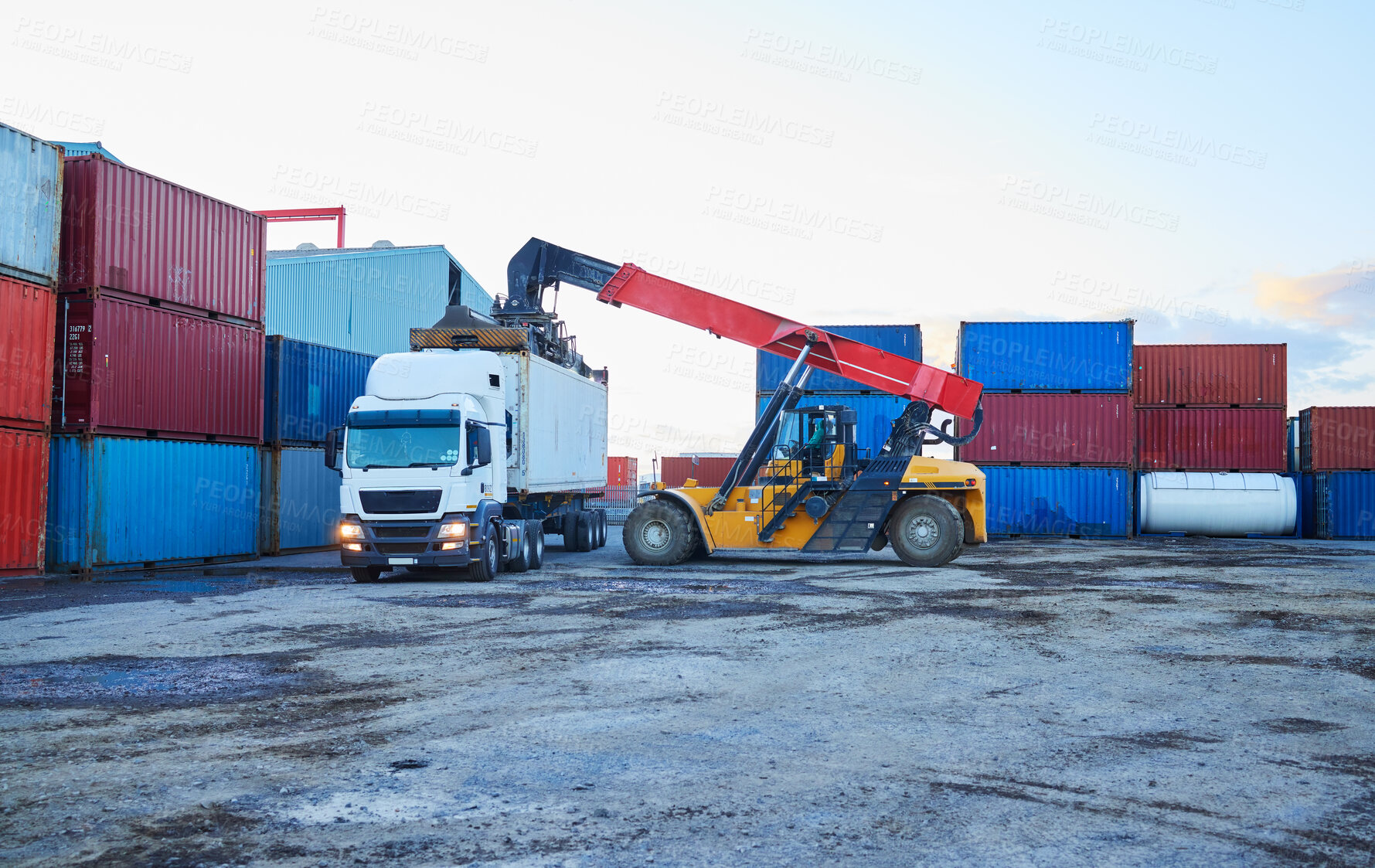 Buy stock photo Logistics, shipping and container with truck and forklift in cargo warehouse for supply chain, delivery and export industry. Economy, ecommerce and global in factory port with transportation 