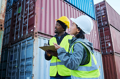 Buy stock photo Logistics, shipping management and checklist for cargo stock with man and woman talking delivery at shipyard. Warehouse manager and colleague working on supply chain control for container inspection