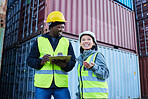 Warehouse, management and cargo stock with man and woman discuss checklist and laughing at factory plant. Logistics, shipping and colleagues working on supply chain delivery for ecommerce container