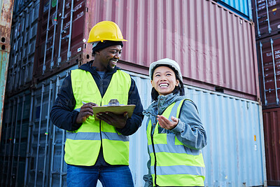 Buy stock photo Warehouse, management and cargo stock with man and woman discuss checklist and laughing at factory plant. Logistics, shipping and colleagues working on supply chain delivery for ecommerce container