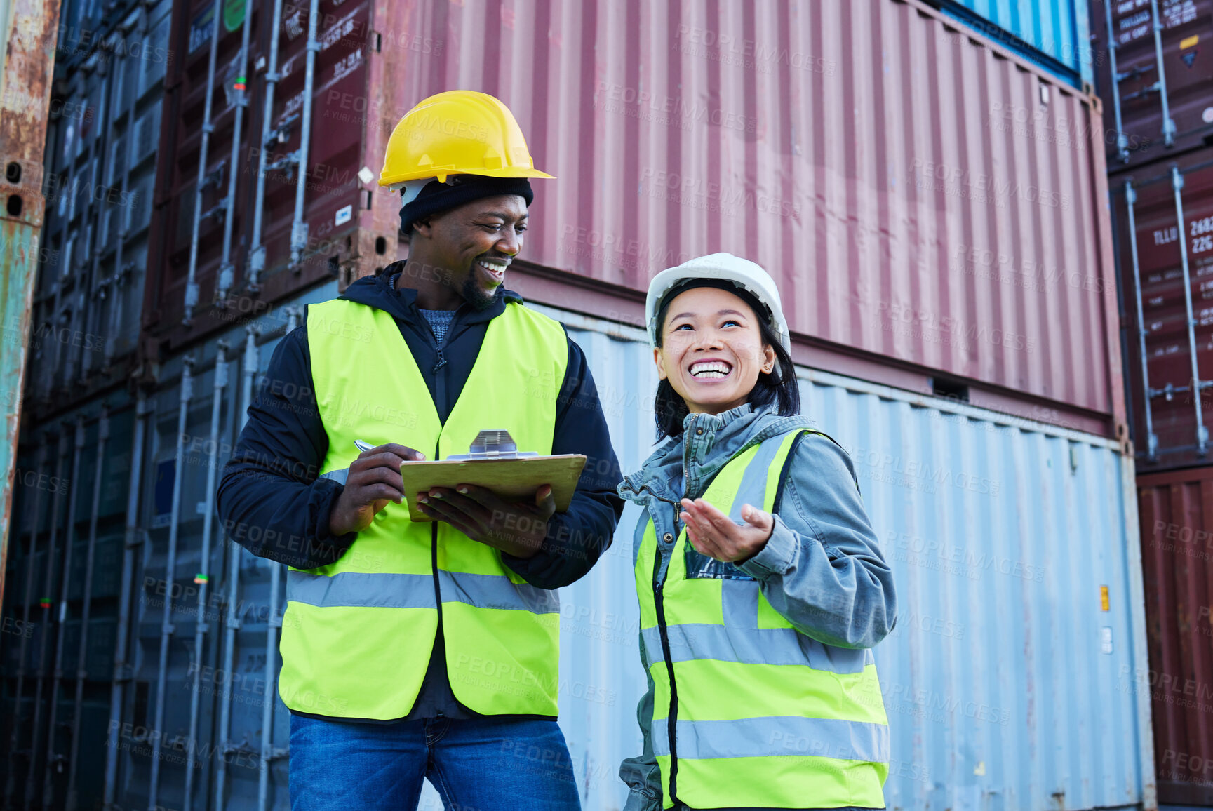 Buy stock photo Warehouse, management and cargo stock with man and woman discuss checklist and laughing at factory plant. Logistics, shipping and colleagues working on supply chain delivery for ecommerce container