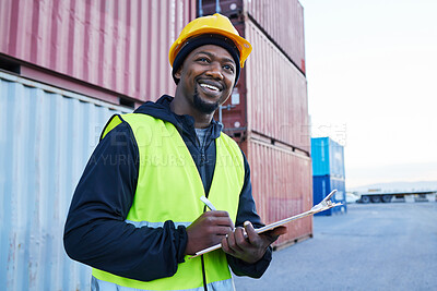 Buy stock photo Inspection, logistics and black man thinking of delivery, stock and shipping cargo while working at a port. African supply chain worker writing notes about container and distribution at a warehouse