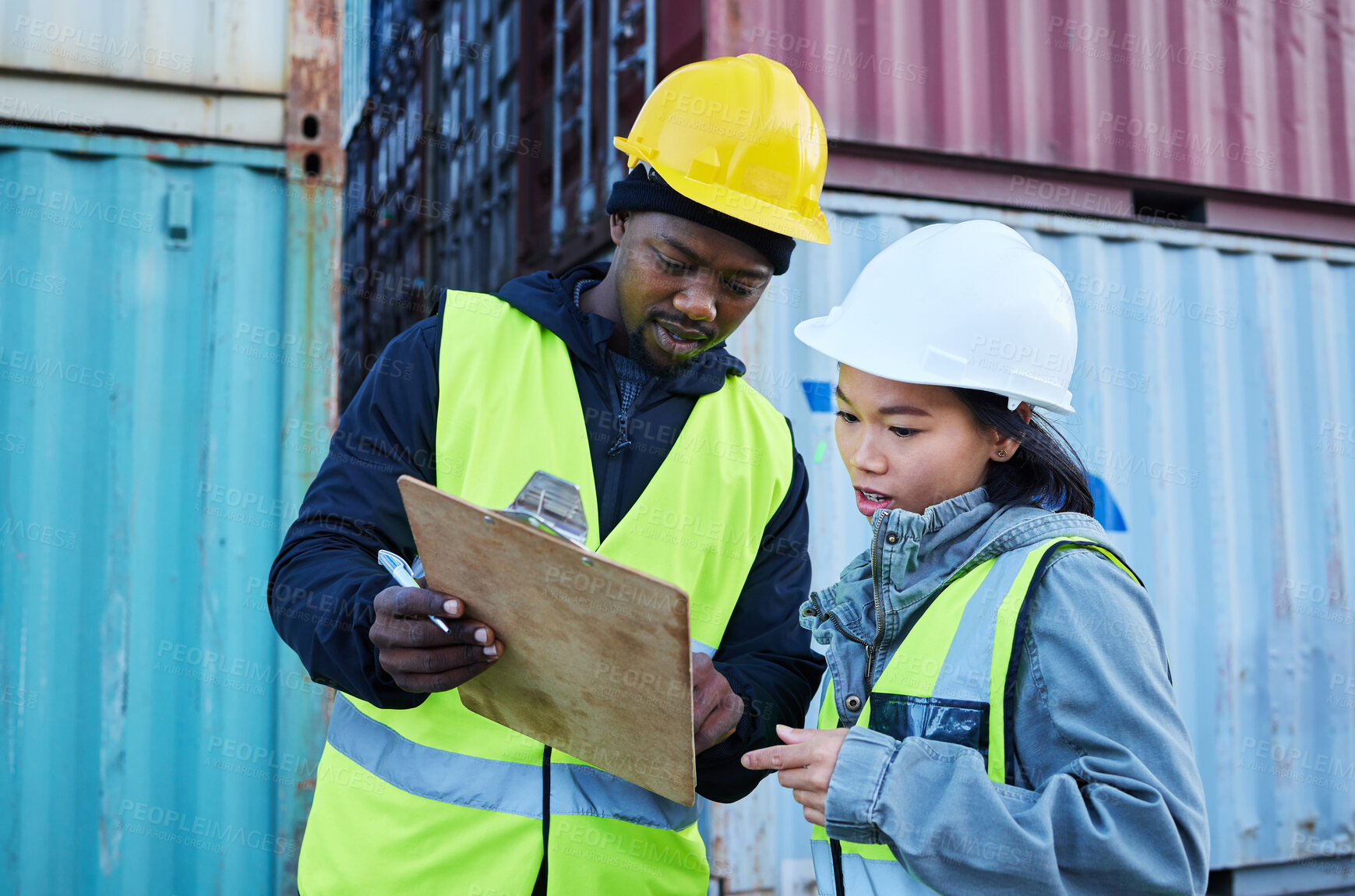 Buy stock photo Logistics, clipboard and diversity team work on cargo, container and supply chain delivery or shipping inventory checklist. Collaboration, black man and asian woman check product stock or export data