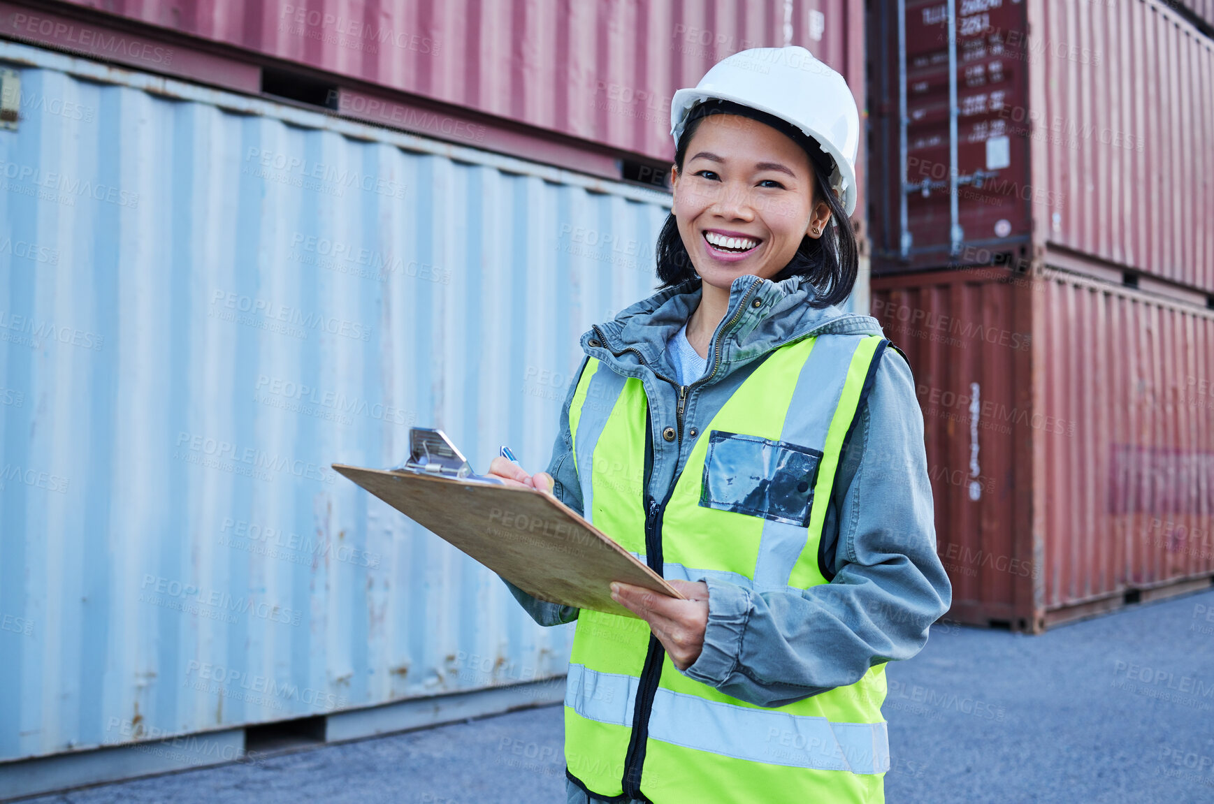 Buy stock photo Logistics, inspection and worker working at shipping warehouse and doing inventory check while at work at port. Portrait of an Asian construction employee with smile and notes on manufacturing stock