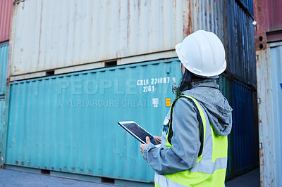 Buy stock photo Warehouse, ecommerce and shipping with woman on digital tablet for stock and delivery logistics. Factory, supply chain and industrial management of container and cargo, checking online checklist app