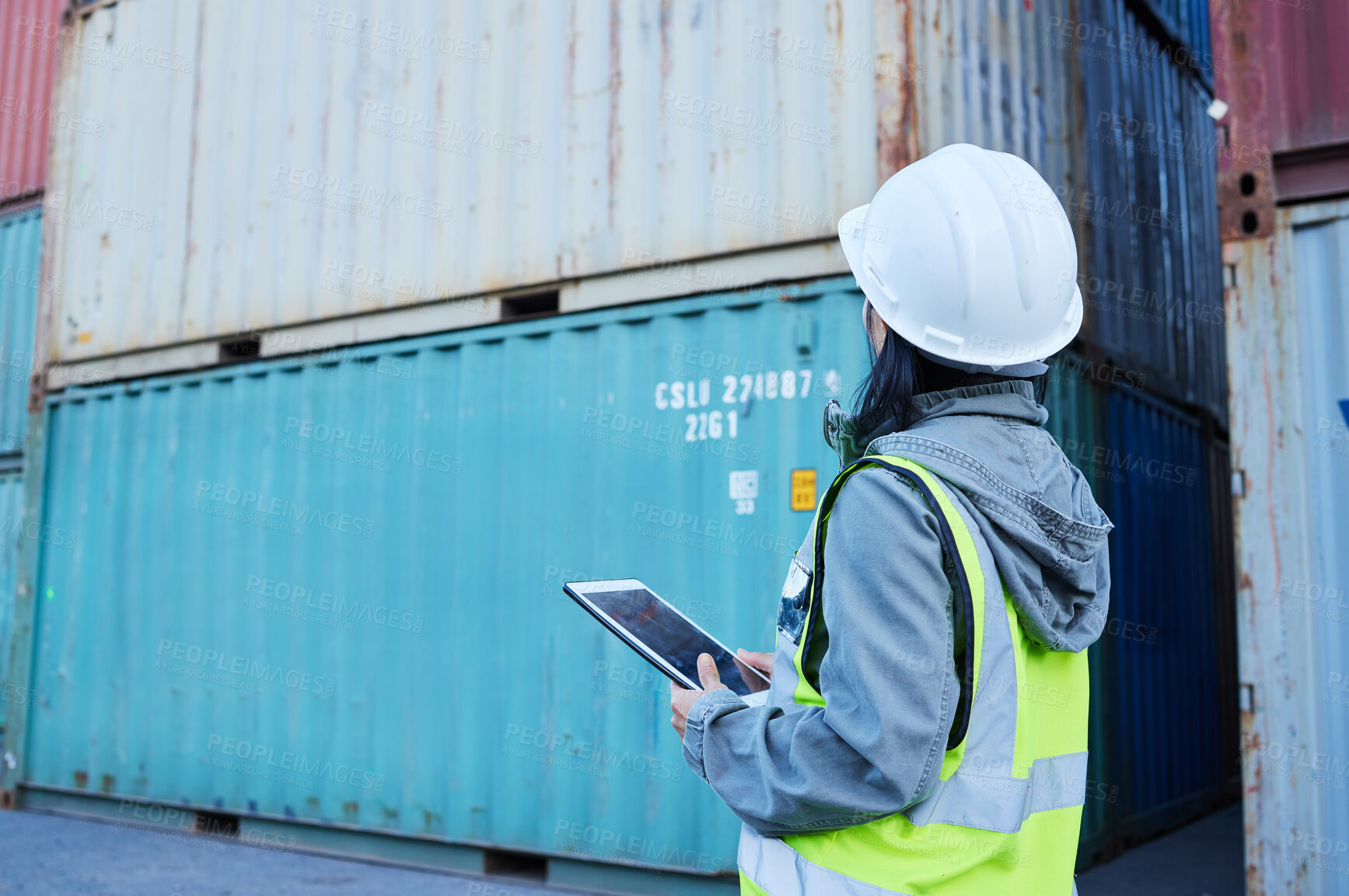 Buy stock photo Warehouse, ecommerce and shipping with woman on digital tablet for stock and delivery logistics. Factory, supply chain and industrial management of container and cargo, checking online checklist app