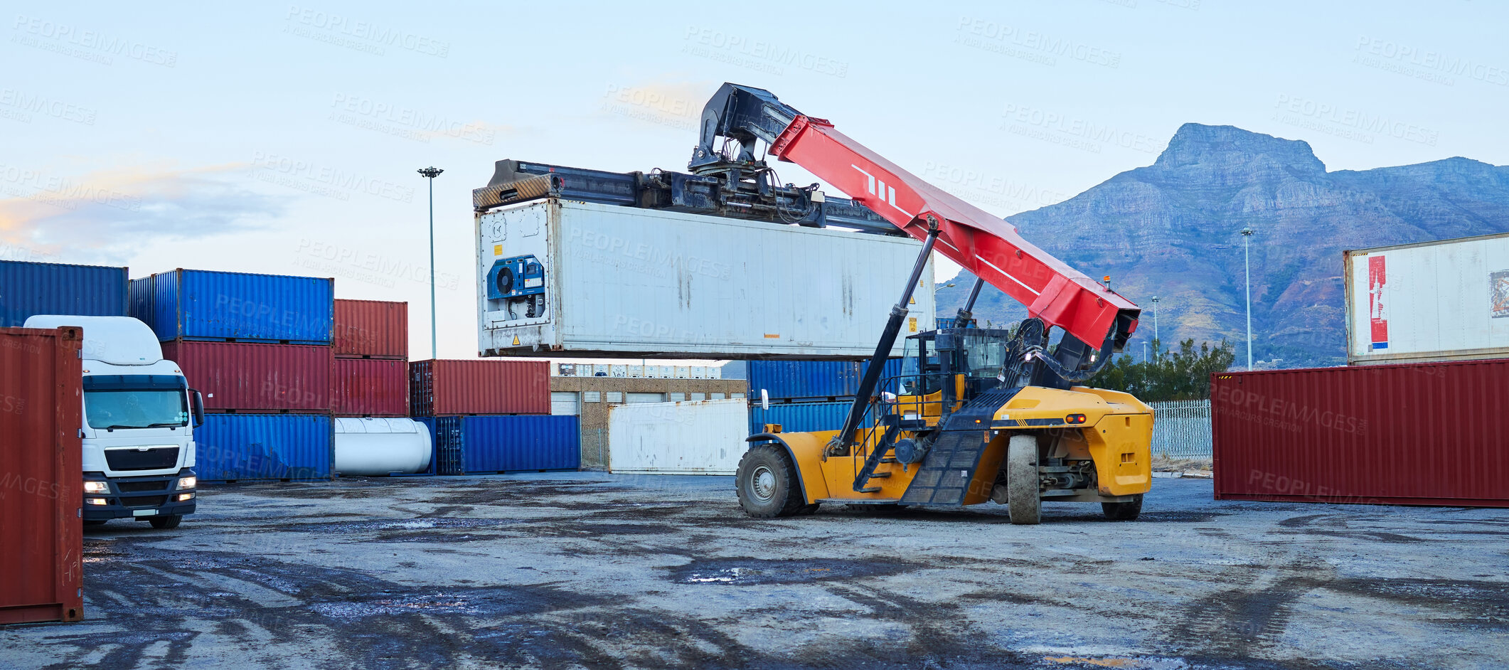 Buy stock photo Forklift, shipping logistics and manufacturing container warehouse, cargo industry and industrial factory stock in South Africa. Supply chain production, freight crane and global export distribution