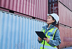 Delivery, logistics and woman on tablet for container inspection with stock, cargo or inventory checklist. Warehouse, industrial and supply chain worker working at a distribution customs job outdoors