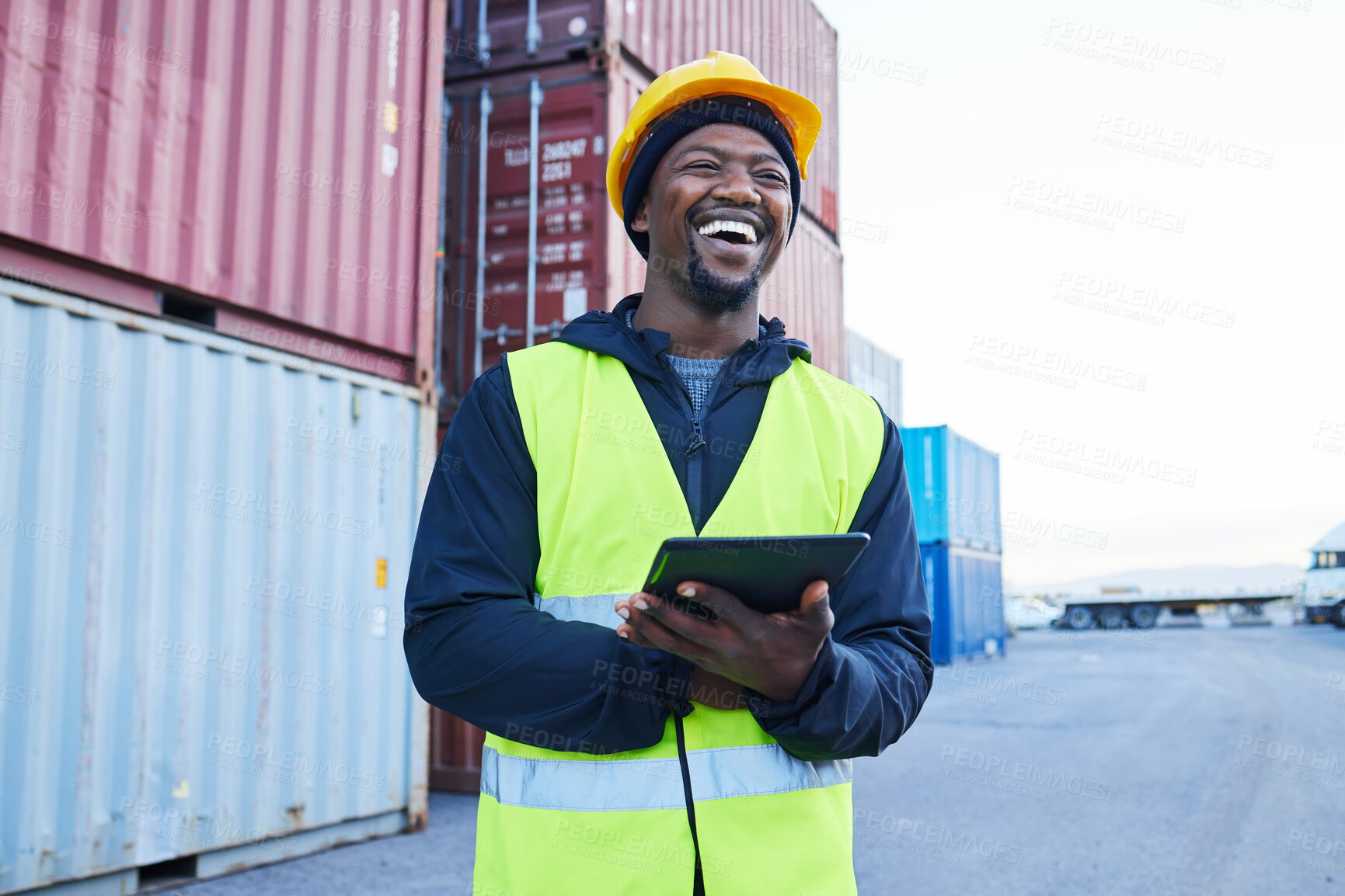 Buy stock photo Logistics, tablet and black man planning shipping of container with stock on technology at a port. Happy African distribution worker working on inspection of cargo and freight at an outdoor warehouse