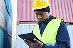 Digital tablet, logistics and black manager working on outdoor cargo freight site with shipping containers. African industrial employee planning delivery, shipping and supply chain on mobile device.