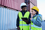 Logistics, supply chain and shipping employee with tablet planning delivery schedule online at a port. Cargo or contractor in teamwork working with technology and container for transport or export