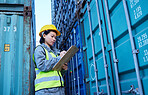 Shipping, cargo and stock container with woman reading checklist for ecommerce delivery logistics at warehouse. Supply chain, distribution and industrial management by asian manager at a factory