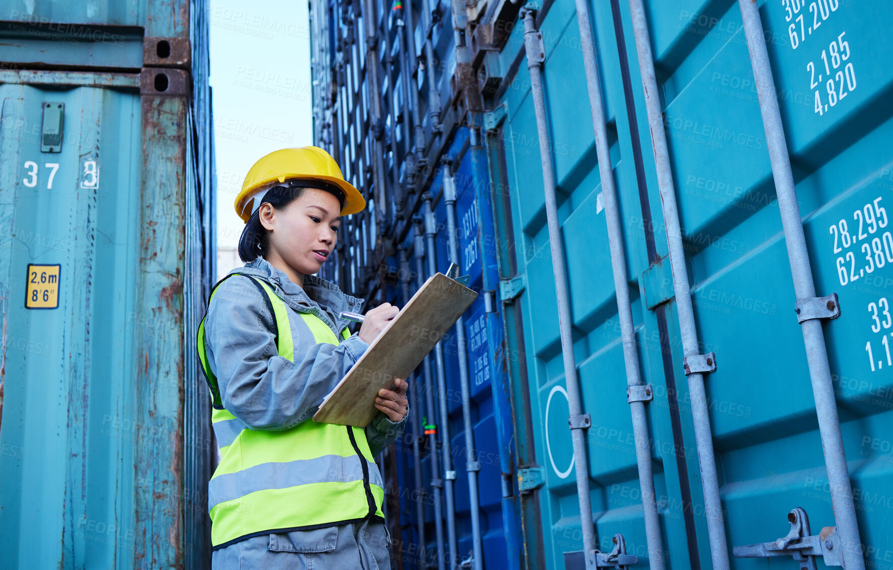 Buy stock photo Shipping, cargo and stock container with woman reading checklist for ecommerce delivery logistics at warehouse. Supply chain, distribution and industrial management by asian manager at a factory