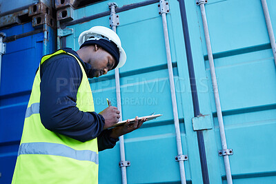 Buy stock photo Warehouse, management and shipping logistics with man manager writing checklist for stock, delivery and inventory. Freight, supply chain and cargo control with black man checking ecommerce orders 