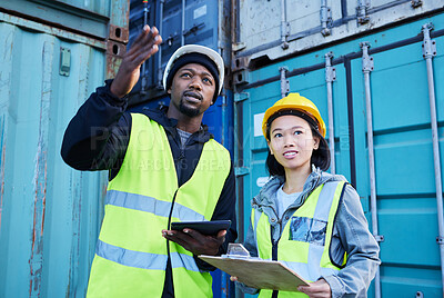 Buy stock photo Logistics, checklist and delivery manager in communication with industry worker stock, cargo and inventory inspection. Teamwork, woman and African man talking about export shipping containers report 