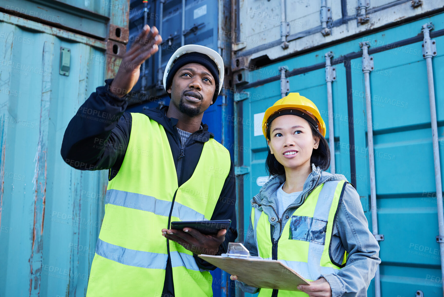 Buy stock photo Logistics, checklist and delivery manager in communication with industry worker stock, cargo and inventory inspection. Teamwork, woman and African man talking about export shipping containers report 