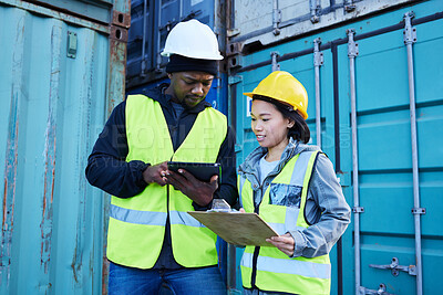 Buy stock photo Shipping logistics checklist, tablet for inventory management used by black man and asian woman for freight container distribution. Delivery courier check cargo, import and export of commercial stock