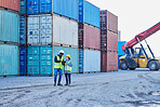 Delivery, logistics and leader coaching at a container supply chain warehouse outdoors for stock inspection. Forklift, woman and black man planning cargo, product and manufacturing shipping in Dallas