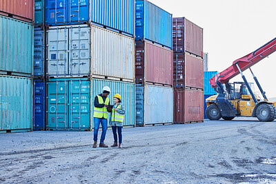 Buy stock photo Delivery, logistics and leader coaching at a container supply chain warehouse outdoors for stock inspection. Forklift, woman and black man planning cargo, product and manufacturing shipping in Dallas