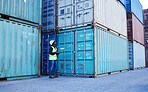 Shipping, stock and cargo management with manager writing checklist at warehouse. Supply chain, container and man inspector checking delivery for ecommerce order, logistics and storage distribution