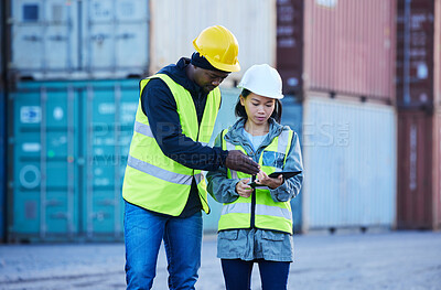 Buy stock photo People in construction with tablet, supply chain team collaboration and export distribution digital innovation. Industrial freight logistics, port workers in shipping with 5g wifi and cargo container