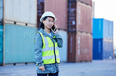 Buy stock photo Logistics, phone call and woman talking about shipping container on a phone while working at port. Asian insdustrial employee speaking about distribution of cargo and stock on a mobile at a warehouse