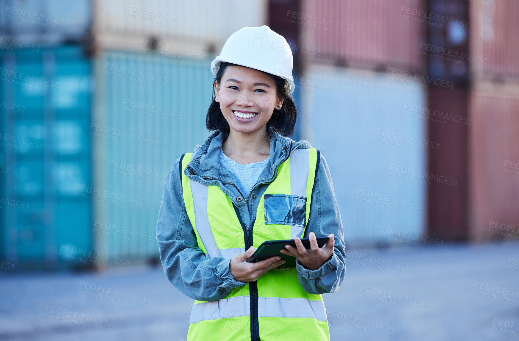 Buy stock photo Cargo, shipping and warehouse woman manager on digital tablet at factory plant, logistics supply chain management. Portrait, happy and online ecommerce orders asian inspector control stock delivery