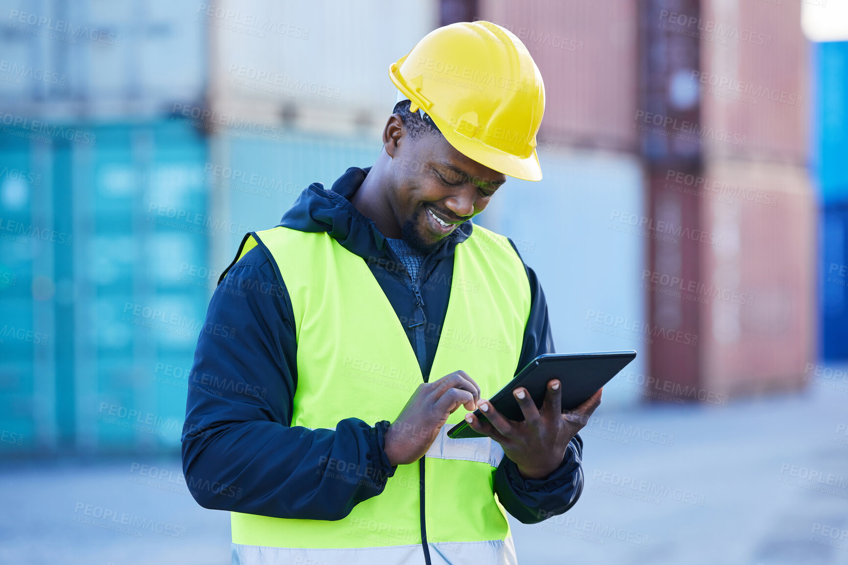 Buy stock photo Logistics, tablet and black man doing container shipping at an industrial cargo, shipping and freight supply chain. Delivery manager or stock service worker working at distribution trade port outdoor