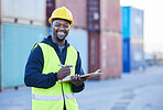 Portrait of logistics, shipping and supply chain manager smile and happy while working at an international trade port. Black man with checklist for industrial cargo or container export or transport