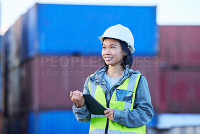 Buy stock photo Cargo, logistics and shipping employee with tablet for digital checklist on container port for international transport. Asian woman industrial export manager working with inventory check with tech