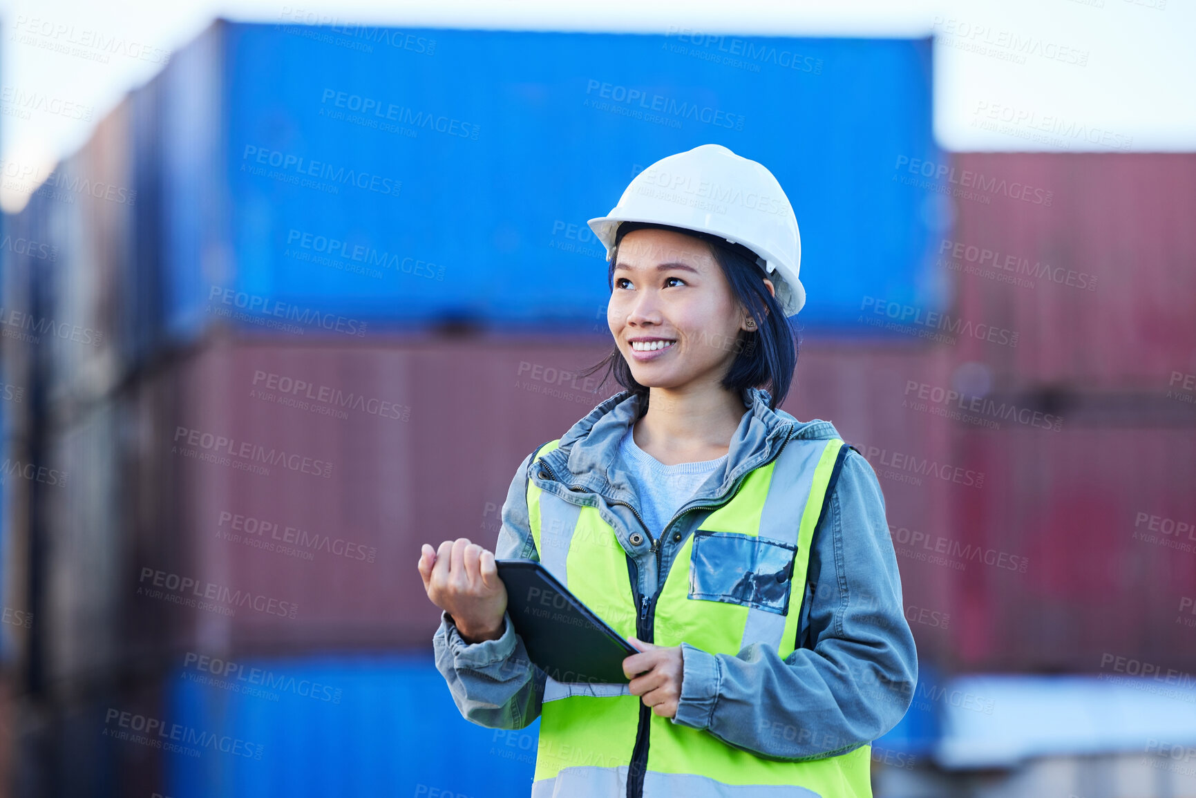 Buy stock photo Cargo, logistics and shipping employee with tablet for digital checklist on container port for international transport. Asian woman industrial export manager working with inventory check with tech