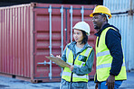 Shipping logistics team, manufacturing planning and work collaboration in supply chain, industrial cargo and production inspection. Factory port man, woman and distribution industry freight checklist