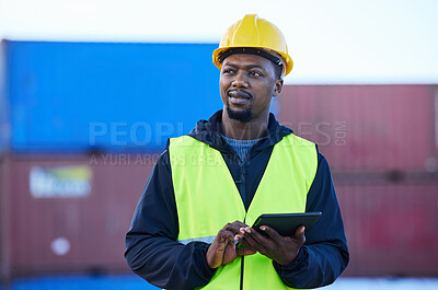 Buy stock photo Tablet, black man and cargo planning logistics for shipping company, shipyard and container storage while confident. Business man, hard hat and strategy for freight import or export for supply chain.