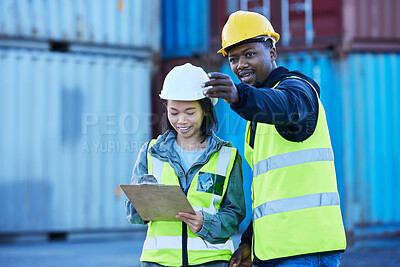 Buy stock photo Cargo, shipping and logistics workers with checklist for international and global cargo transport at a port. Teamwork, collaboration and delivery industry employees talk, communication and inventory