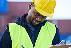 Logistics, shipping and checklist by black man engineer writing delivery inspection report for control of cargo containers at port. African supply chain worker doing distribution work at warehouse