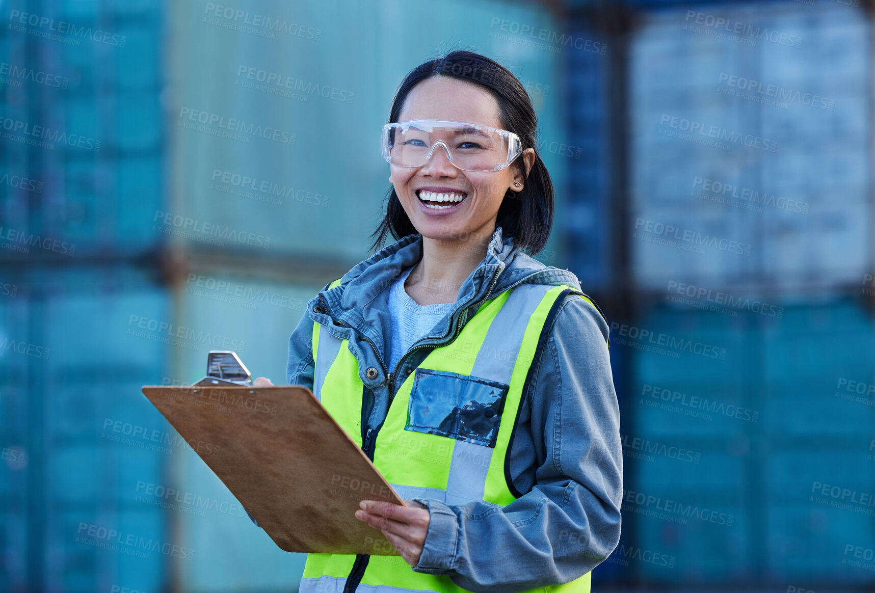 Buy stock photo Construction worker in supply chain logistics, success in woman empowerment and freight shipping container port. Contractor stock inventory, happy maintenance asian engineer and export distribution