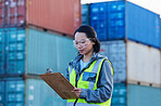 Logistics, Asian woman and check containers, export and import for supply chain at shipyard with clipboard. Female supervisor, planning or confirm storage cargo shipping, strategy and global business