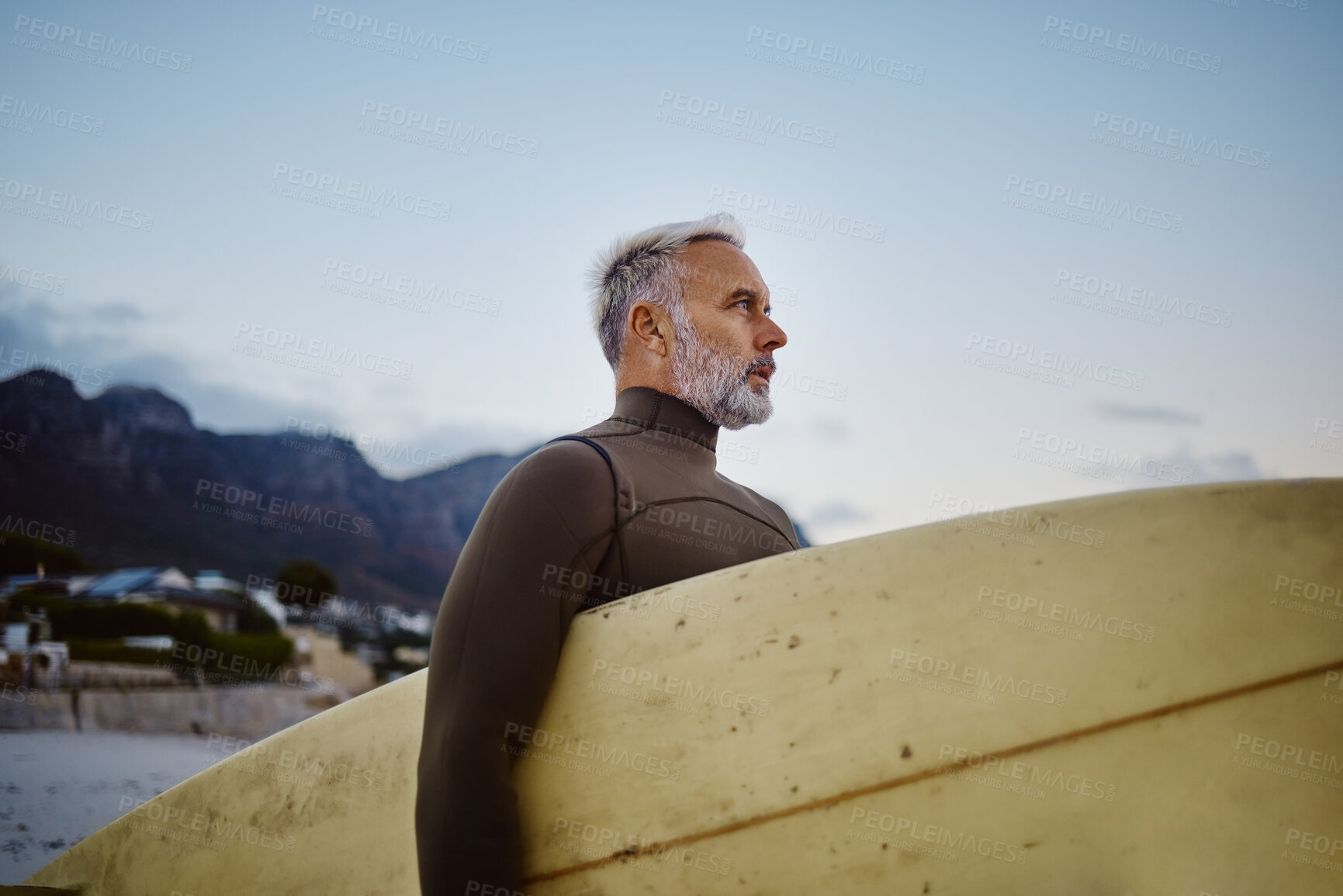Buy stock photo Surfer, beach and old man with surfboard to start surfing with freedom and ocean waves in Brazil outdoors. Sports, tourist and senior person in retirement looking at sea water on holiday vacation