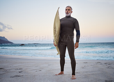 Buy stock photo Surfing, beach and senior man on vacation for surf training in nature by ocean in Australia. Travel, surfboard and elderly surfer in retirement on summer holiday to exercise, relax and enjoy the sea.