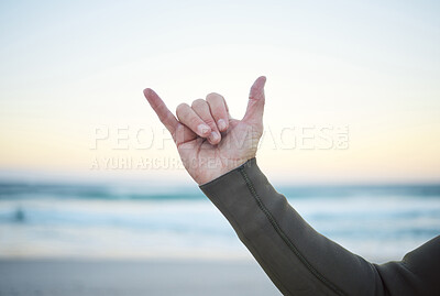 Buy stock photo Shaka, surf and sports with the hand sign of a man on the beach for surfing, fitness or exercise in the morning. Workout, training and health with a male surfer outdoor for wellness or cardio