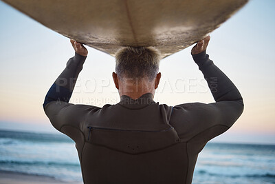 Buy stock photo Surfer with surfboard before surfing and sea waves in nature outdoor, extreme sports or adrenaline activity. Back of sporty man walking to a ocean beach water in summer for surf training on vacation