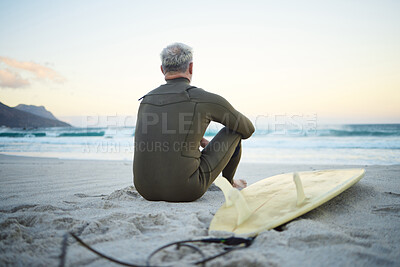 Buy stock photo Beach, waves and surfer on surfing holiday in Hawaii to relax in peace on the sand by the ocean in nature. Back of man thinking of travel vacation with board for adventure in the calm summer water