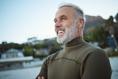 Buy stock photo Surf, happy and senior man at the beach for peace, calm or freedom of the mind during holiday in Rio de Janeiro Brazil. Wetsuit, retirement sports and elderly person relax before surfing for wellness