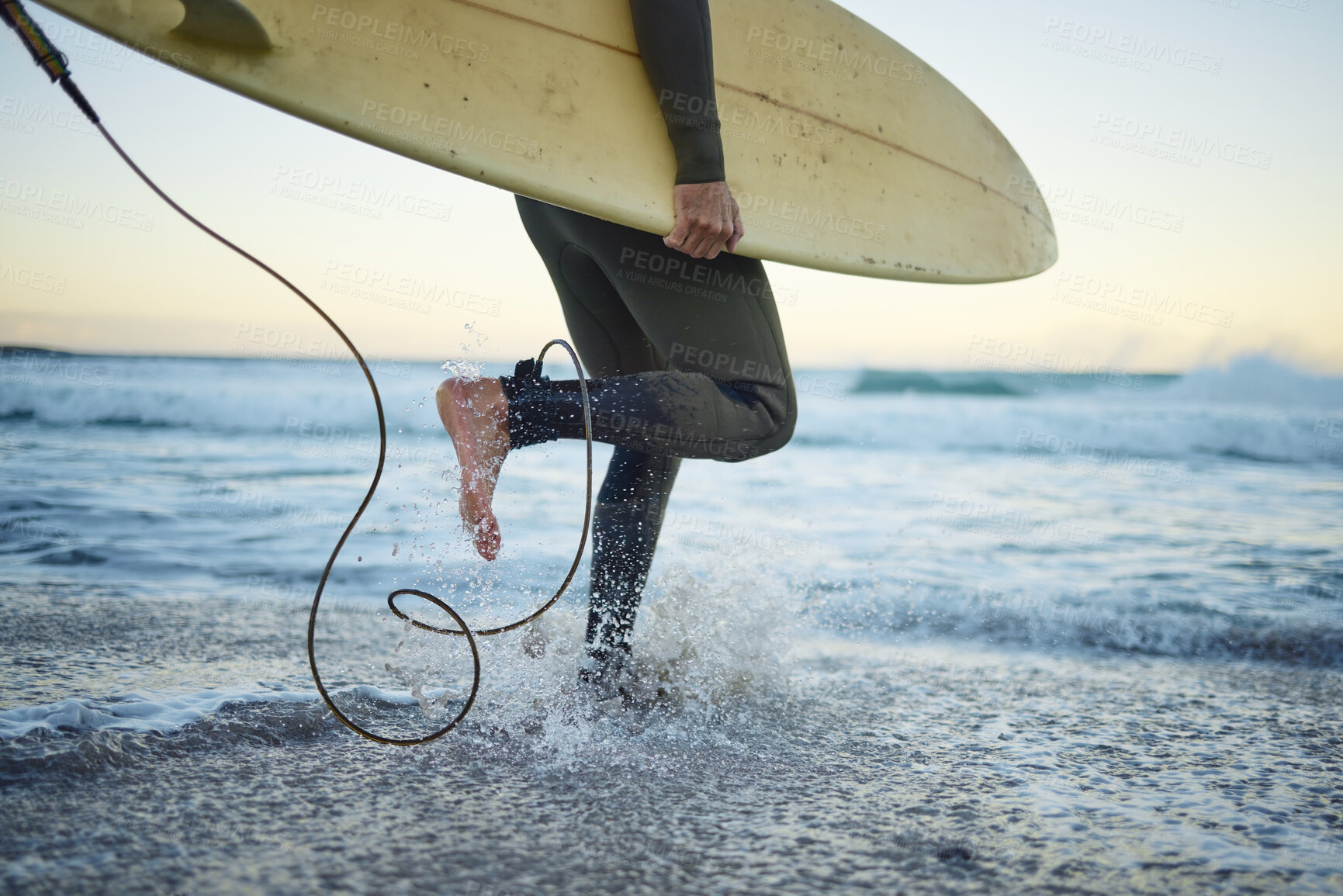 Buy stock photo Beach, surf board and surfer man walking in water, sports and fitness on weekend evening. Freedom, waves and fun on summer holiday Australia. Health, ocean wave splash and ready for surfing at sunset