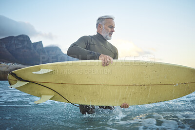 Buy stock photo Surf, board and senior man in ocean for fun, adventure or sports exercise while surfing in Rio de Janeiro Brazil. Surfer lifestyle, freedom and elderly person in the sea for wellness, health or peace