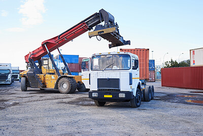 Buy stock photo Truck, logistics and supply chain with a construction driver on a commercial container yard for shipping or distribution. Storage, stock and cargo with a vehicle in the import and export industry